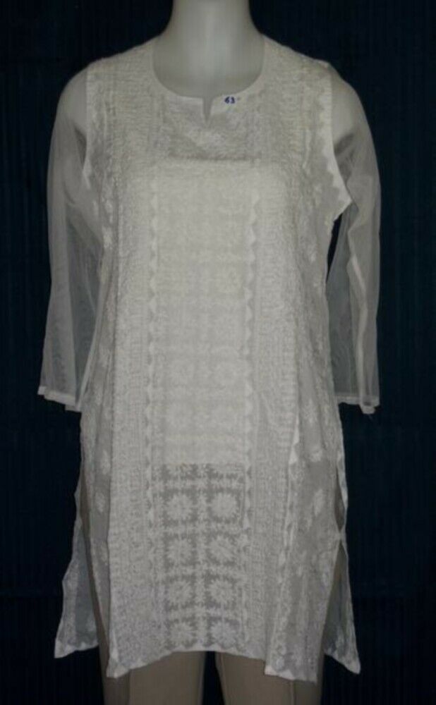Kurti 063 White Cotton Hand Embroidered Tunic Top Kurti Size Medium #0063