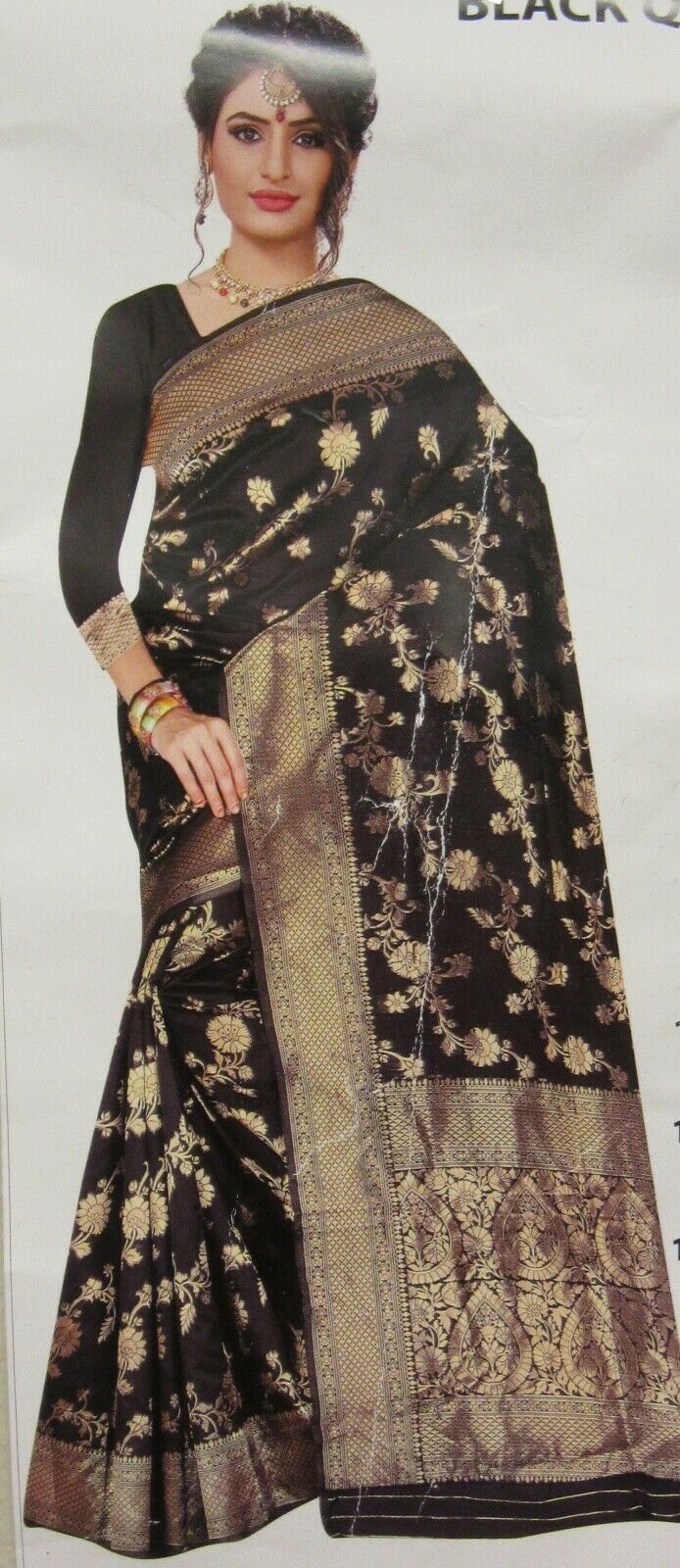 Black Banarsi Silk Finish Golden Zari Kanjeeviram Saree #6335