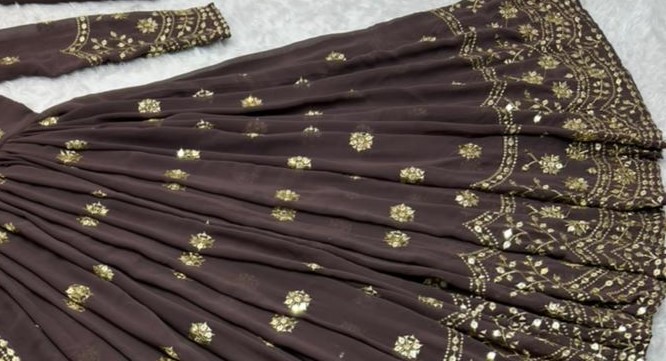 Stunning Brown Teal Georgette Gold Detail Cocktail Party Gown (M-L) Stunning Brown Teal Georgette Gold Detail Cocktail Party Gown (M-L)