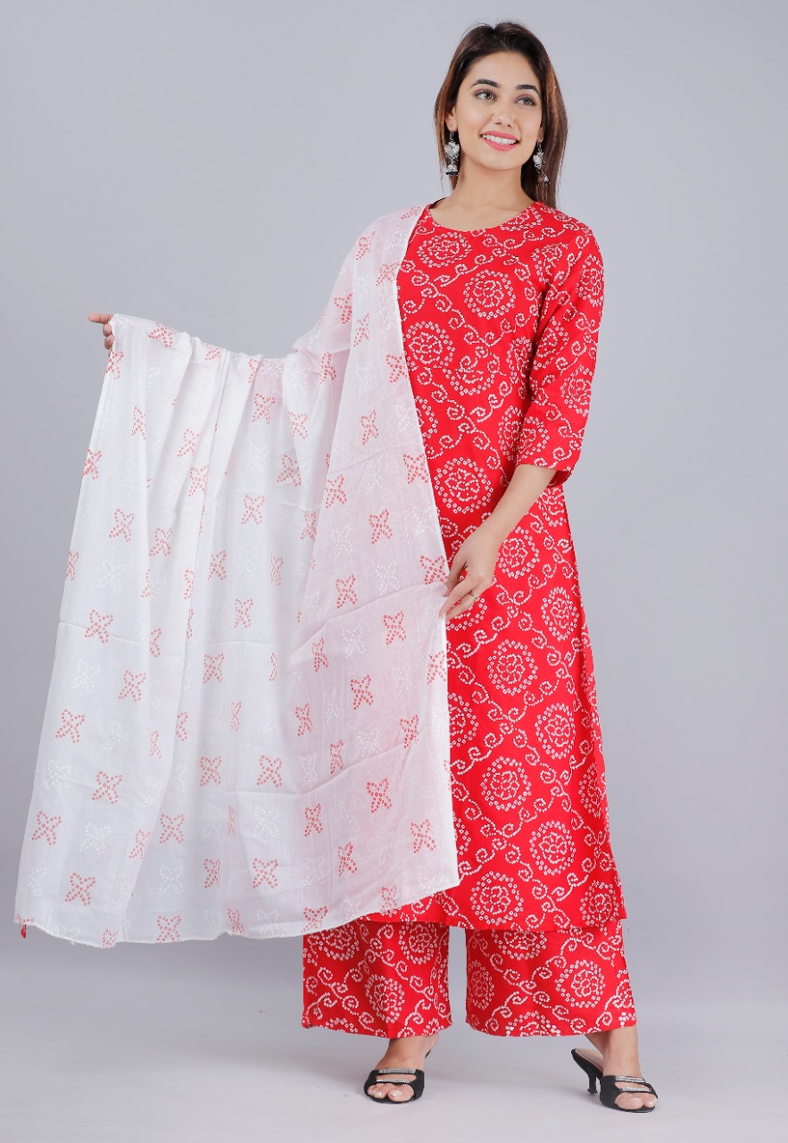 Suit - Red Bandhni Palazzo Kameez Dupatta Small Medium Size Suits #6381218