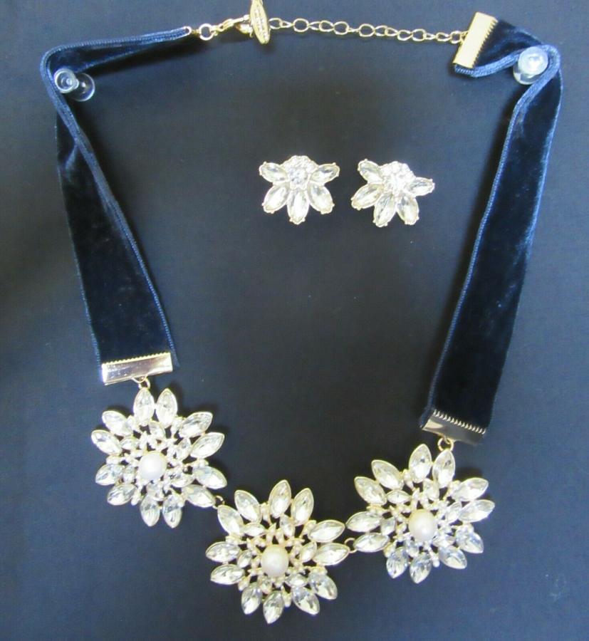 Meenakari CZ Flowers Blue Velvet Band Golden Necklace & Stud Meenakari CZ Flowers Blue Velvet Band Golden Necklace & Stud