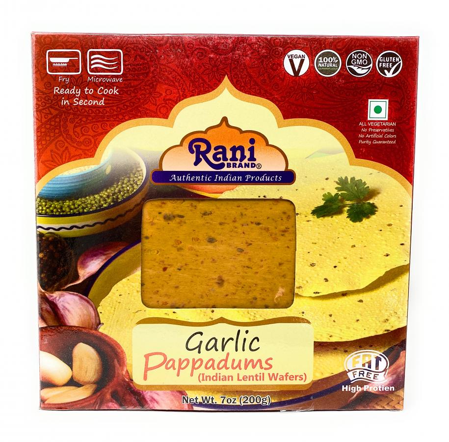 Rani Pappadums (Indian Lentil Wafer Snack) Garlic 7 ounce (200g) Approximately 15pc, 7 inches ~ All Natural, Gluten Free | NON-GMO | Vegan | Indian Origin