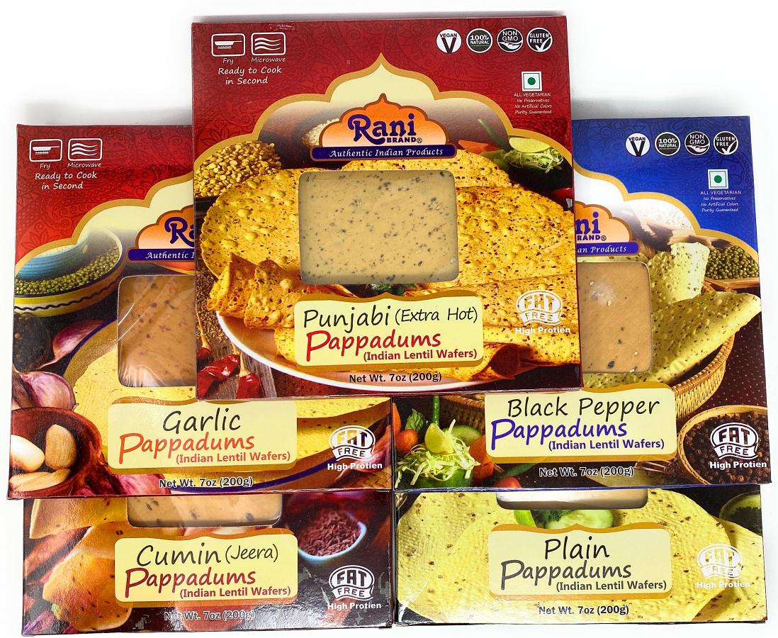 Rani Pappadums (Indian Lentil Wafer Snack) 5-Variety Pack (Plain, Garlic, Cumin, Extra Hot, Black Pepper) 7 ounce (200g) Approximately 15pc, 7 inches ~ All Natural, Gluten Free | NON-GMO | Vegan