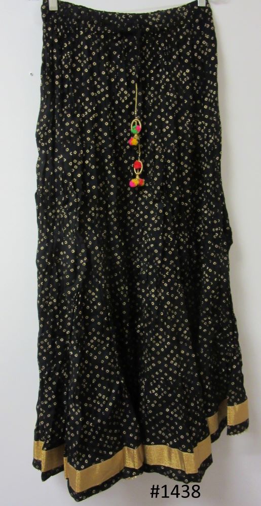 Black Viscose Bandhej Gold Gota Patti Long Trendy Skirt - 39" Long Black Viscose Bandhej Gold Gota Patti Long Trendy Skirt - 39" Long