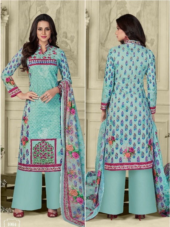 Blue Floral Print Indian Pakistani Palazzo Suit Unstitched 1006