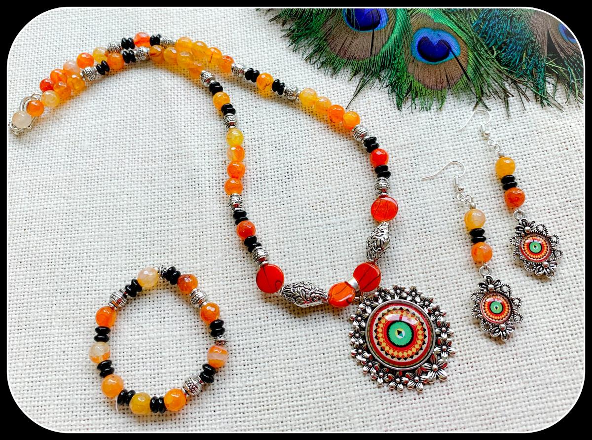 Orange Floral pendant, Earrings and Stretchable Bracelet!!!