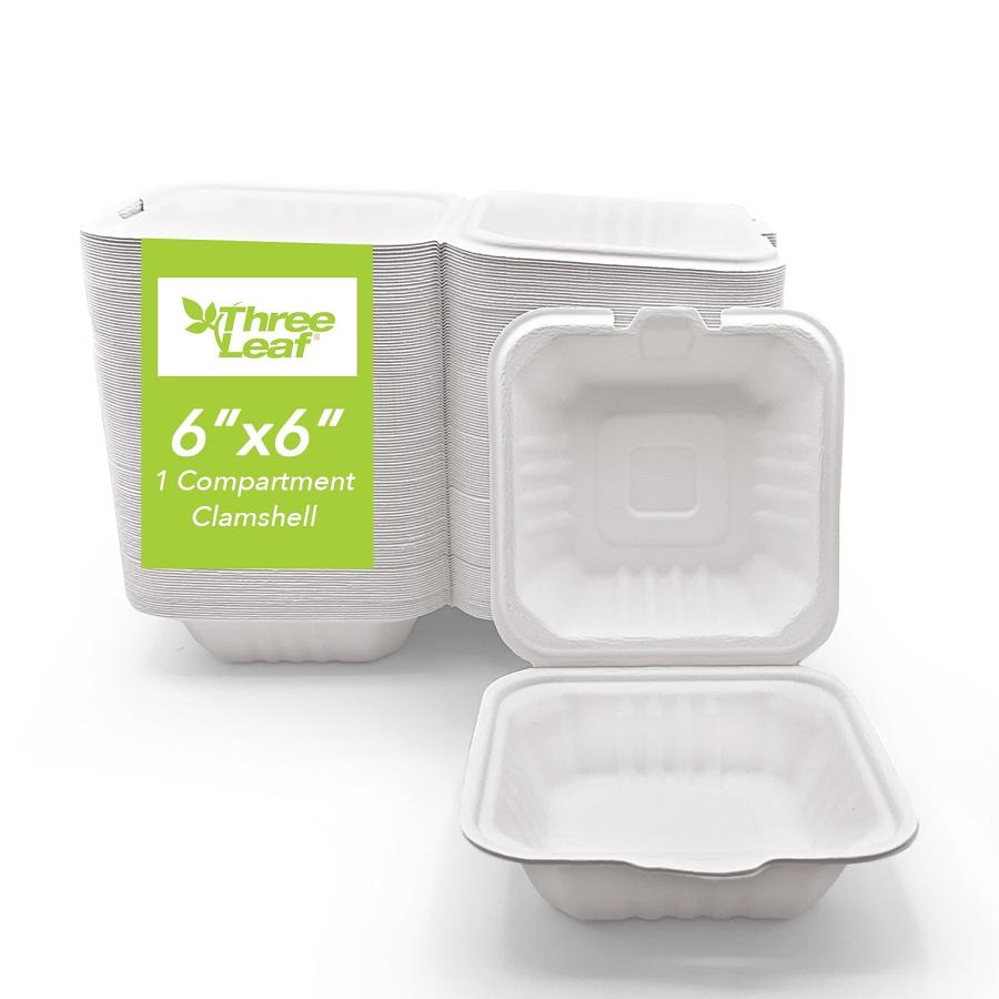 Three Leaf 6" X 6" Bagasse Burger Box (450Ml), 500 Ct. (10 Packs Of 50)