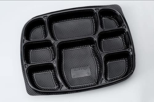 8 Compartment Black Disposable Plastic Plates w/ Lid- 100pcs - 100 Plates