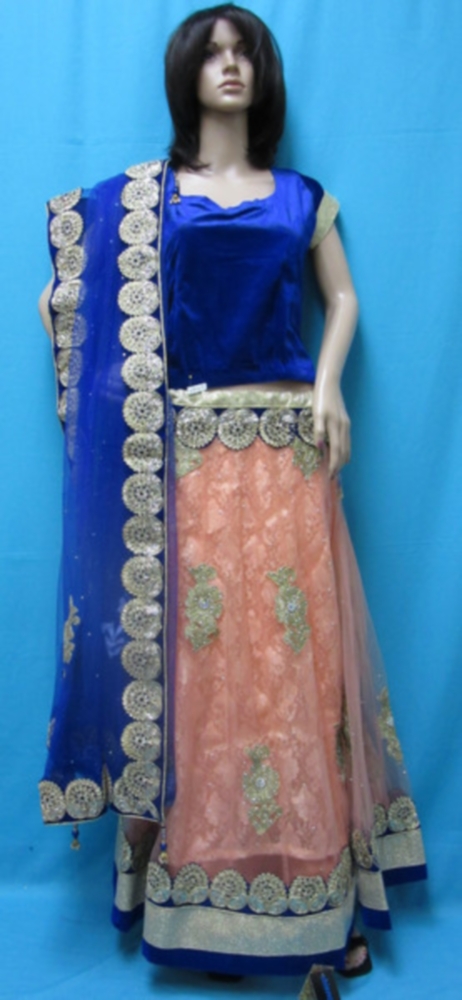 Orange Net Lace Work Party Wear Lehenga Choli Set (L)