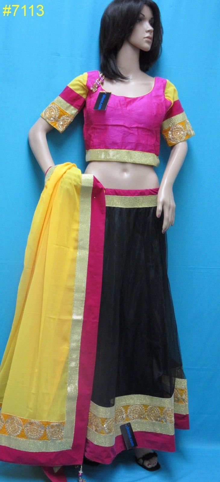 Black Net Yellow Pink Velvet Gold Detail Lehenga Choli S