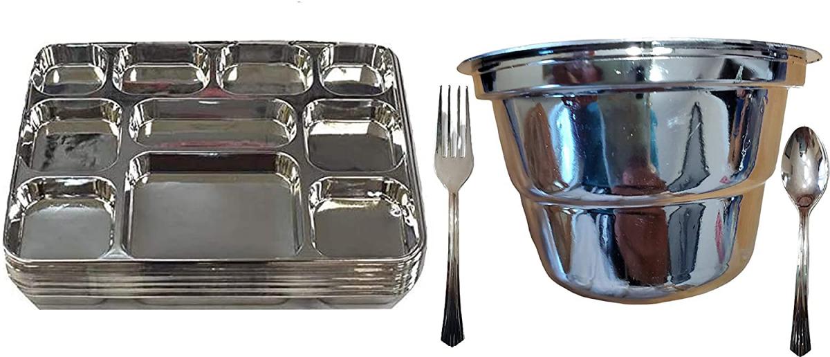 Disposable 10 Compartment Silver Thali - 100 Plates w/ Fork, Spoon, Bowl 