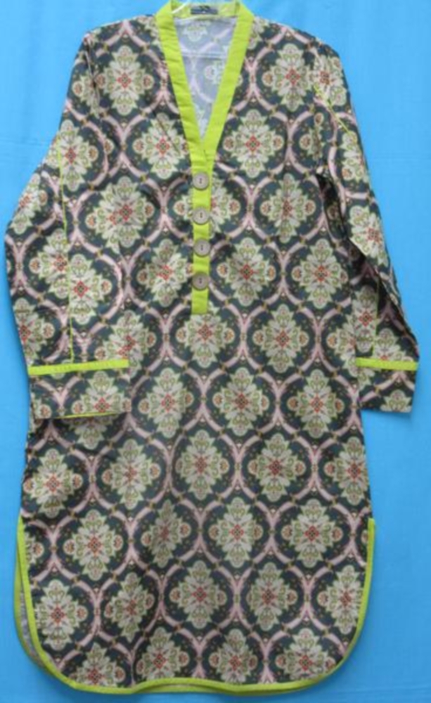 Green Cotton Linen Printed Pakistani Kurti Shieno