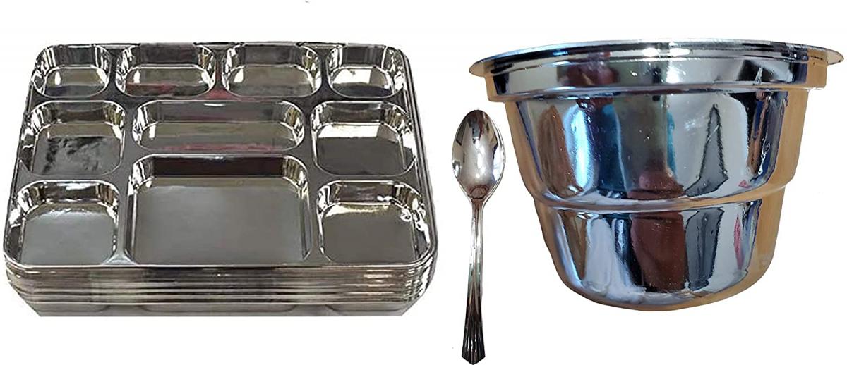100 Disposable Plates 10 Compartment Silver Plates w/ Spoon & Bowl