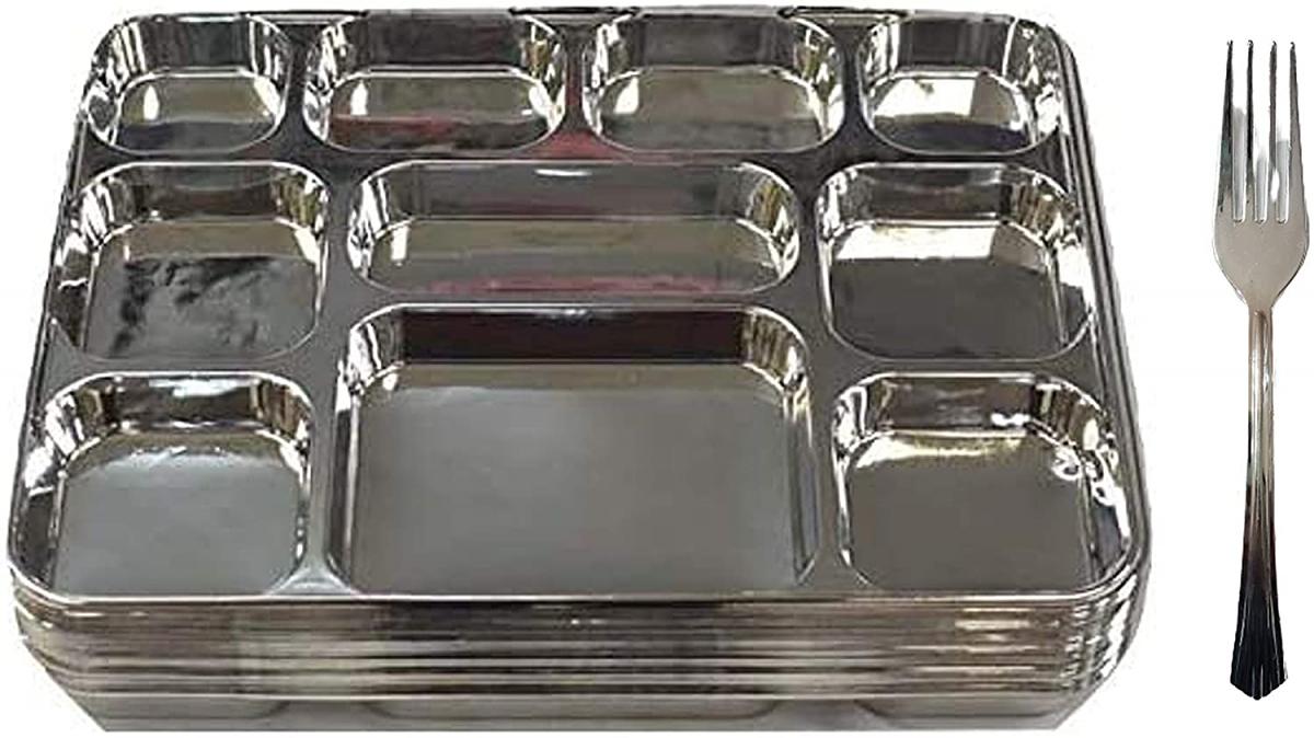 200 Disposable Plates 10 Compartment Silver Plates w/ 200 Forks