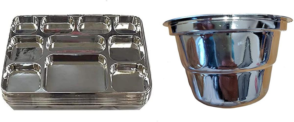 100 Pcs Disposable Plates 10 Compartment Silver Thali Plates Trays w/ Bowl 