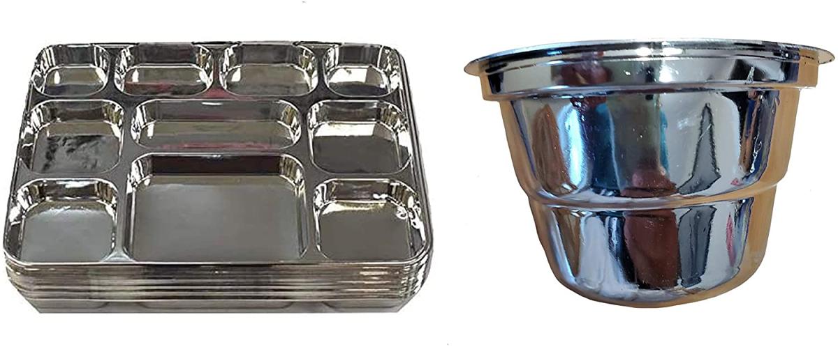 100 Disposable Plates 10 Compartment Silver Plates w/ Bowl 