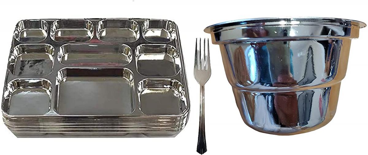 100 Disposable Plates 10 Compartment Silver Plates w/ Fork & Bowl