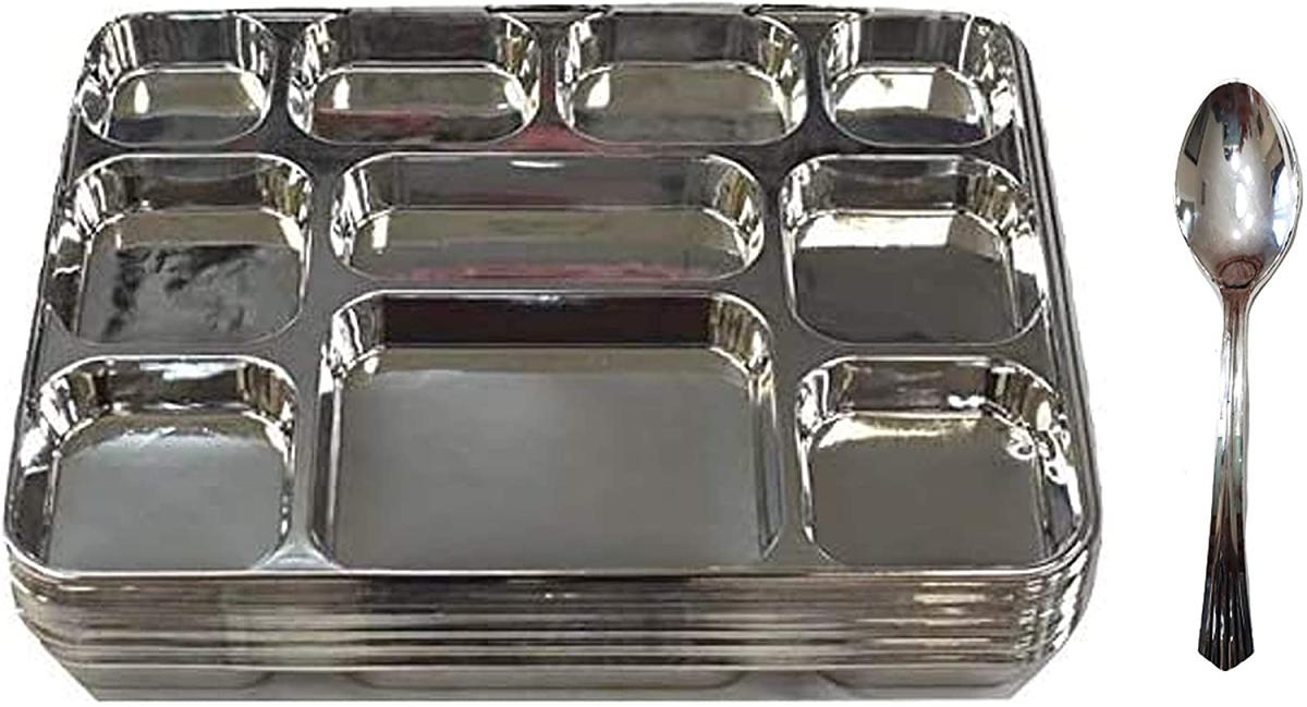 Disposable Plates 10 Compartment Silver Plates - 100 Thali w/ Spoon 