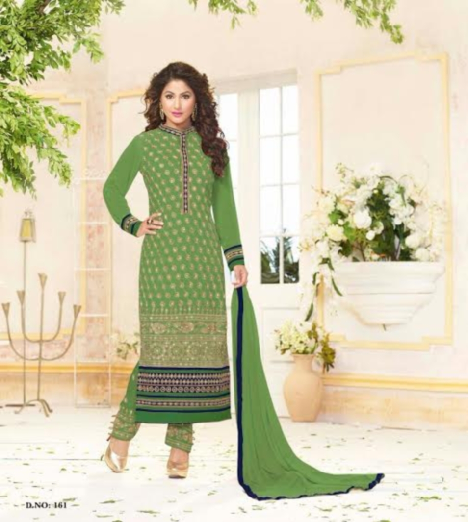 Green Georgette Long Straight Kameez Pajama Dupatta (S)