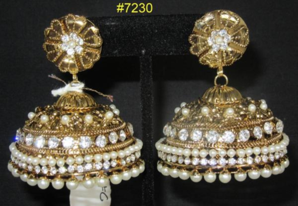 Golden Pearls Rhinestones Flower Jhumka Earrings