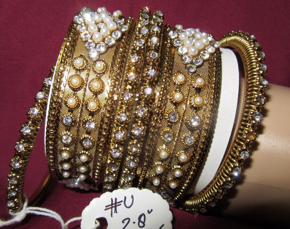 Bangles 7296 Golden Bangles 6 Pieces Set Pearls Stones