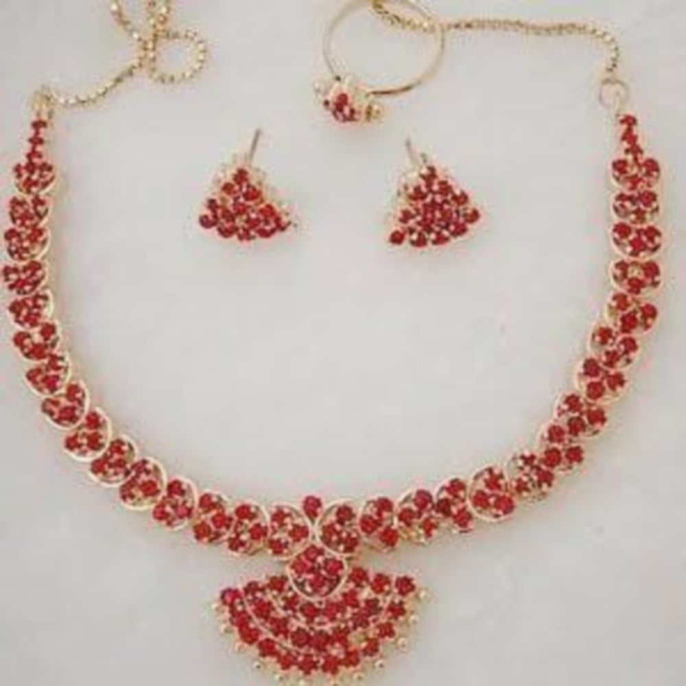 Golden Red CZ Ornate Necklace Earrings Jewelry Set
