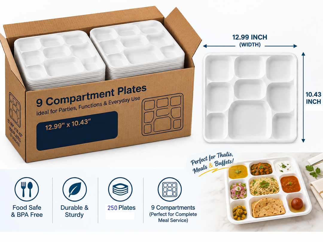 250 Pcs 9 Compartment Biodegradable Rectangle Thali / Meal Plates