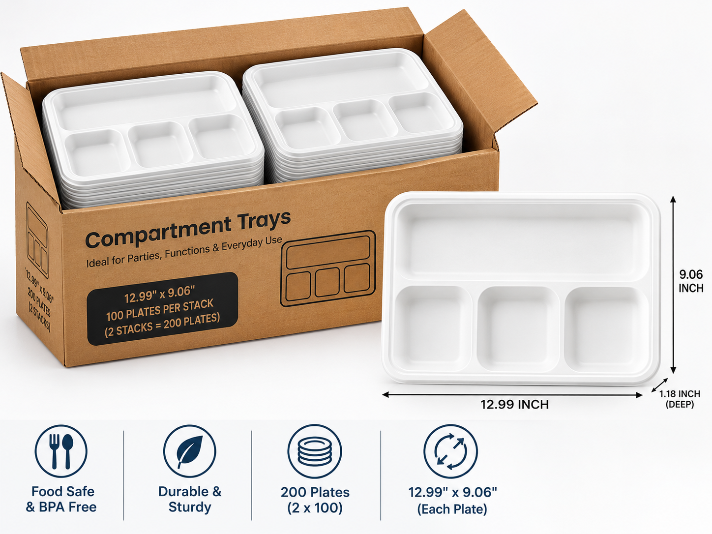 200 Pcs 4 Compartment Biodegradable Rectangle Dosa Meal Plates Thali 