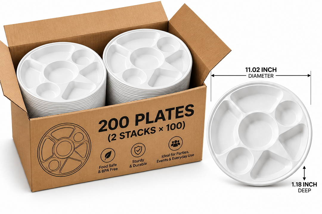 200 Pcs 7 Compartment Compostable Biodegradable Round Meal Plates Thali