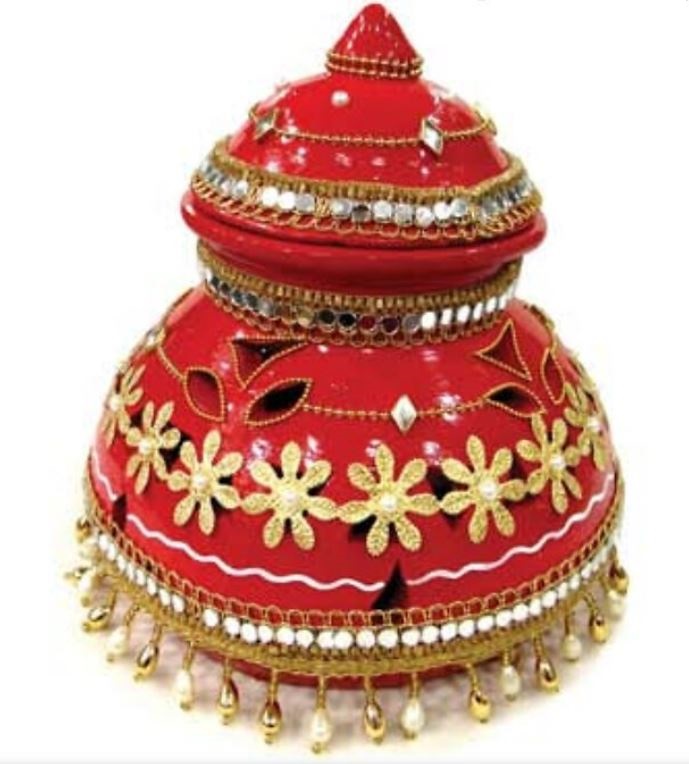 Festive Bright Red Embellished Garbi for Navratri Puja 10"