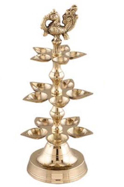 15 Wick Traditional Peacock Design Kerala Brass Pooja Diya Lamp 9.5" Tall