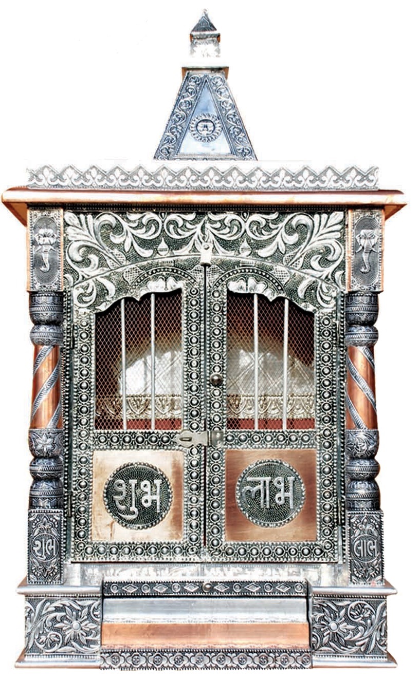 Carved Home Puja Mandir Silver Oxidized Temple w/ Copper Trims 18" Carved Home Puja Mandir Silver Oxidized Temple w/ Copper Trims 18"