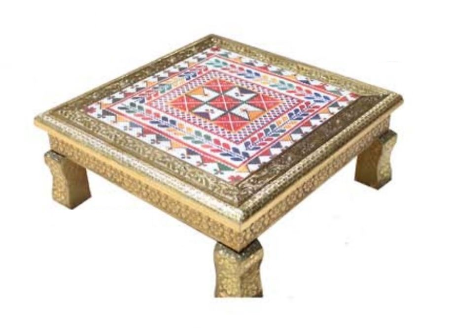 Handcrafted Chowki, Golden Traditional Design Puja Bajot Chowrang 12"-18'