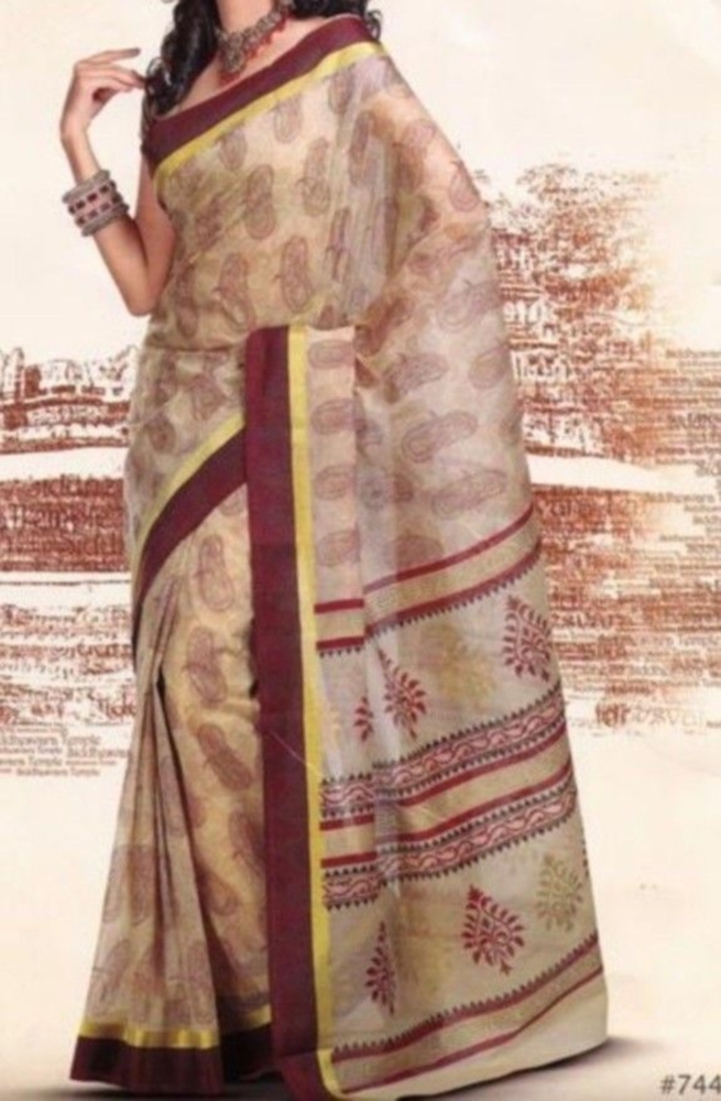 Fawn Pattu Silk Tussur Sari in Beige & Maroon #744