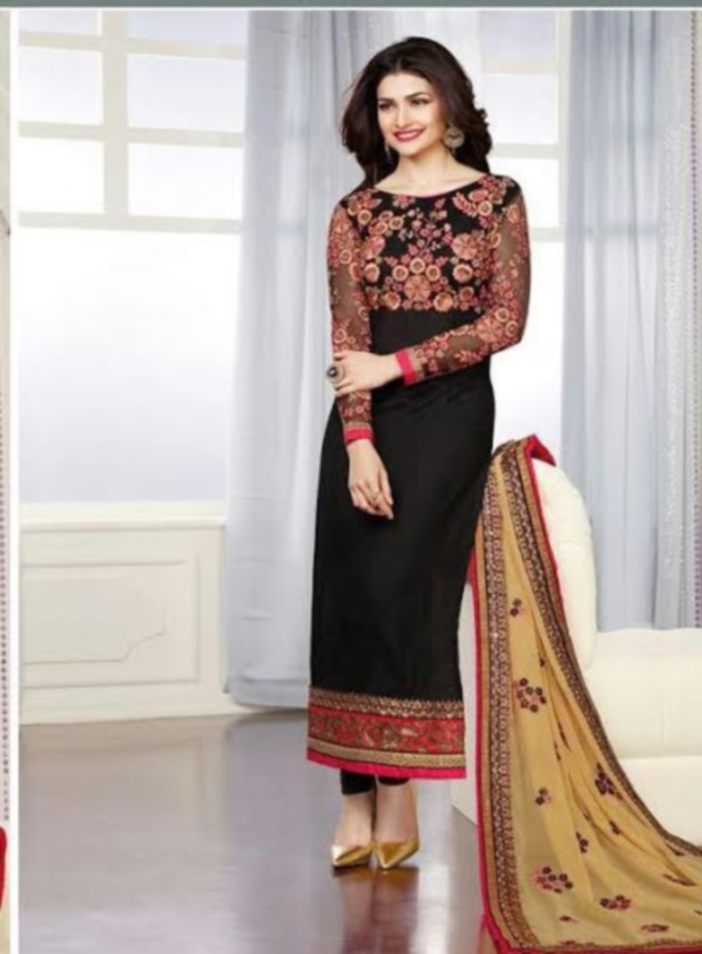 Straight Cut Black Long Salwar Kameez Dupatta Party Wear Suit (L)