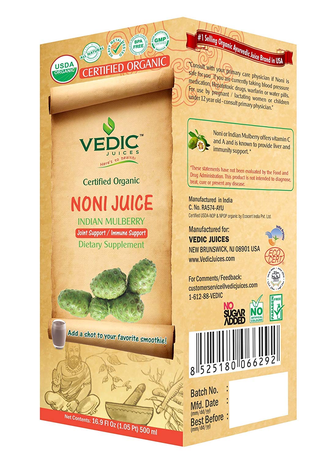 Vedic Organic Noni Juice Joint Support and Immune Support 500ml