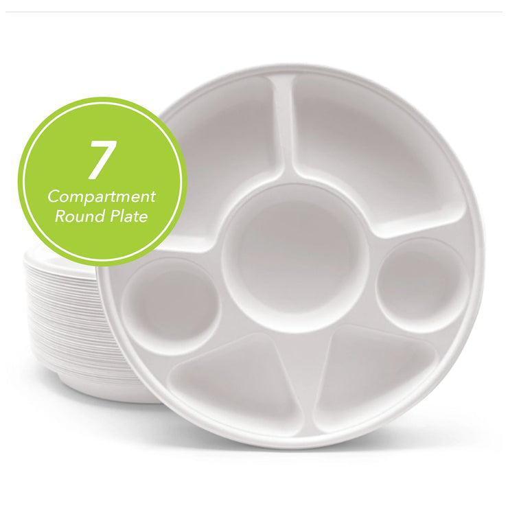 Three Leaf 200 Pcs Disposable Thali, 7 Compartment Bagasse Round Plate Three Leaf 200 Pcs Disposable Thali, 7 Compartment Bagasse Round Plate