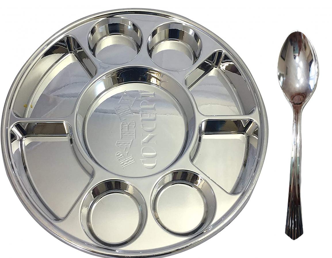 9 Compartment Disposable Silver Plates Tray - 100 Pcs Thali & Spoons 9 Compartment Disposable Silver Plates Tray - 100 Pcs Thali & Spoons