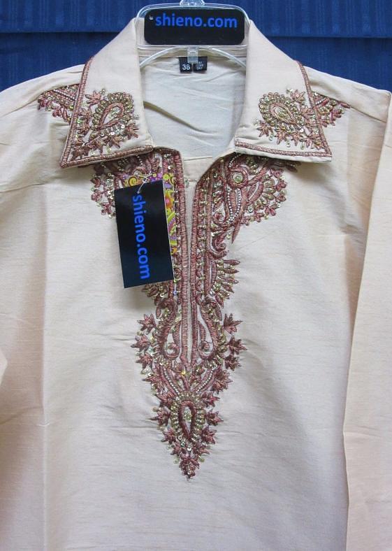 Men's Beige Tussar Designer Guru Kurta w/ Gold Detail Men's Beige Tussar Designer Guru Kurta w/ Gold Detail
