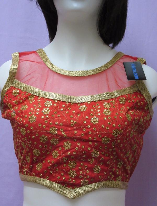 Back Open Readymade Blouse in Raw Silk Net Neck & Zari Work (M) Back Open Readymade Blouse in Raw Silk Net Neck & Zari Work (M)