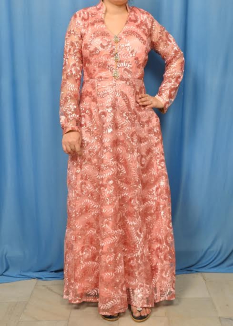 Party Wear Gown in Net Onion Pink w/ Sequins Silk Detail - M Party Wear Gown in Net Onion Pink w/ Sequins Silk Detail - M