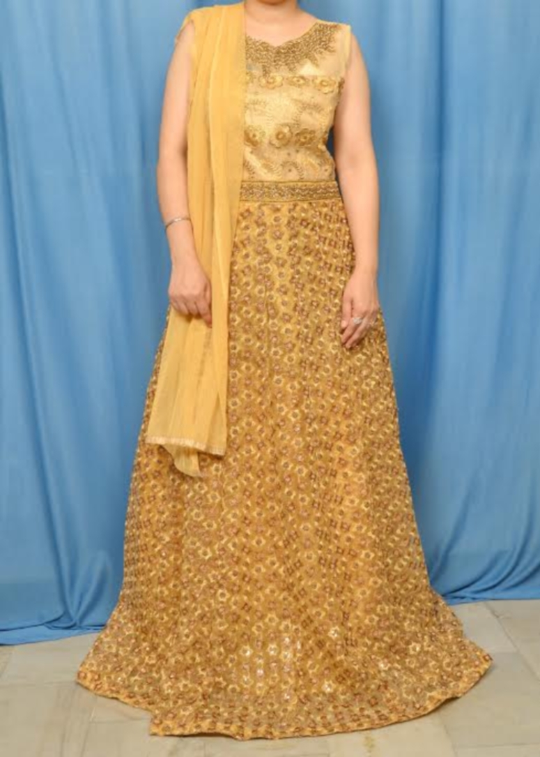 Gold Net Sequins Detail Medium Size Wedding Evening Wear - M Gold Net Sequins Detail Medium Size Wedding Evening Wear - M
