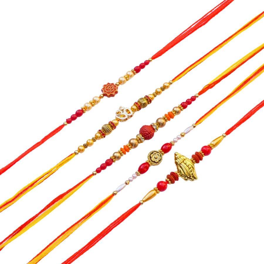 Rakhi Set of 5 Bhaiya Rakhi Crafted W/Beautiful Beads + Roli and and Chaval
