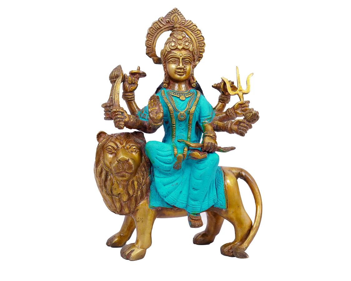 Goddess of Lions Murti in Blue Sari Brass Statue For Puja, Home Mandir, Gifts 7 X 11 X 3 In Goddess of Lions Murti in Blue Sari Brass Statue For Puja, Home Mandir, Gifts 7 X 11 X 3 In