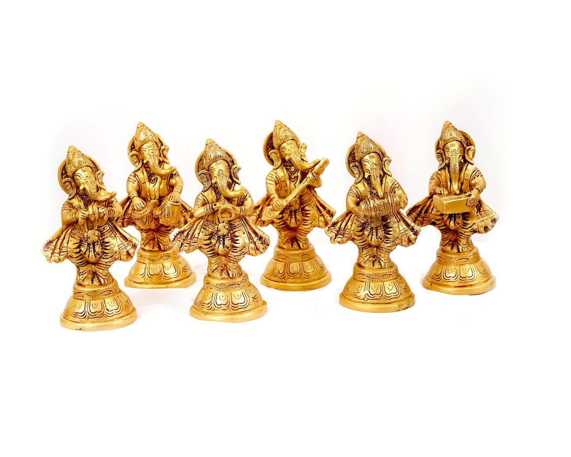 Ganesh w/ Musical Instruments 6 pcs Brass Statue Set 2.5 X 6 X 2 In each
