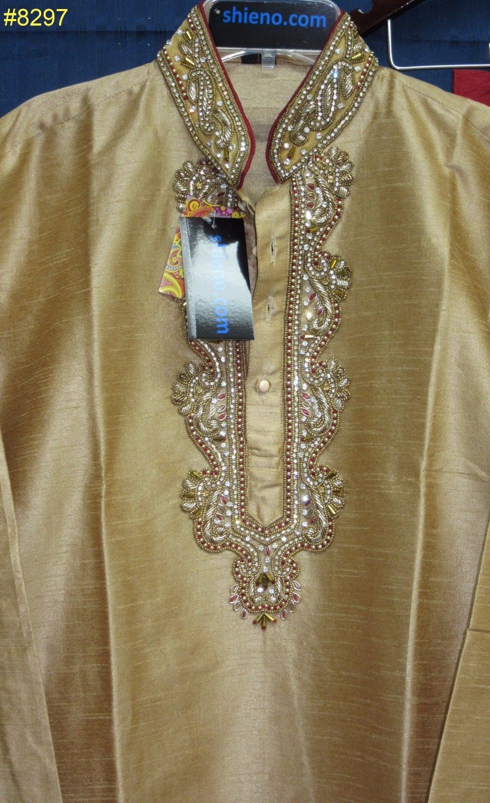 Men's Golden Tussar Kurta & Maroon Tussar Pajama Set Small to XX Large Men's Golden Tussar Kurta & Maroon Tussar Pajama Set Small to XX Large