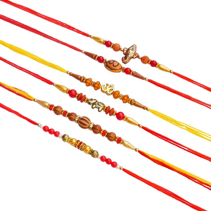 Rakhi Set of 6 Bhaiya Rakhi Crafted W/Beautiful Beads + Roli and and Chaval Rakhi Set of 6 Bhaiya Rakhi Crafted W/Beautiful Beads + Roli and and Chaval