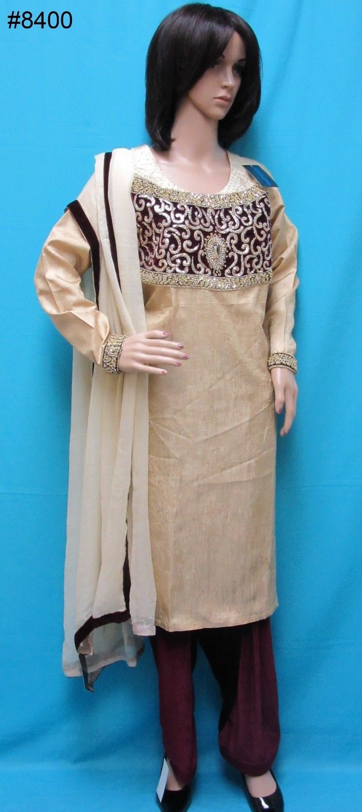 Pakistani 8400 Beige Gold Crushed Silk Salwar Kameez Dupatta Large Size Pakistani 8400 Beige Gold Crushed Silk Salwar Kameez Dupatta Large Size