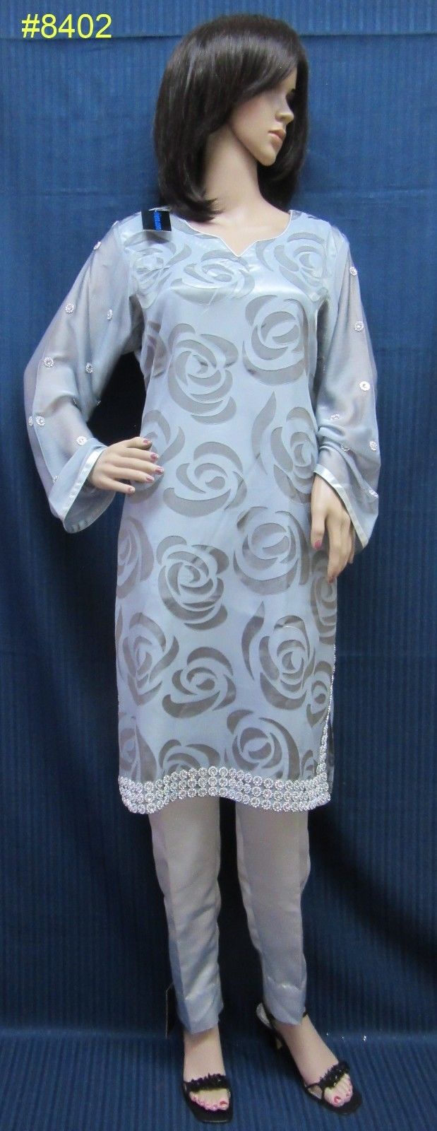 Gray Chiffon Satin Kameez Dupatta Pakistani Plazo Pants (L) Gray Chiffon Satin Kameez Dupatta Pakistani Plazo Pants (L)