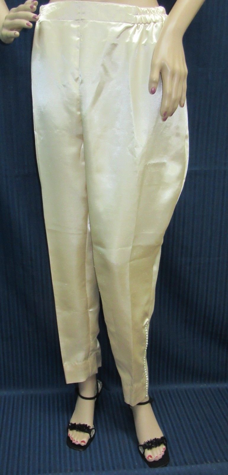 Raw Silk Straight Trouser Pants Pearls Embellished